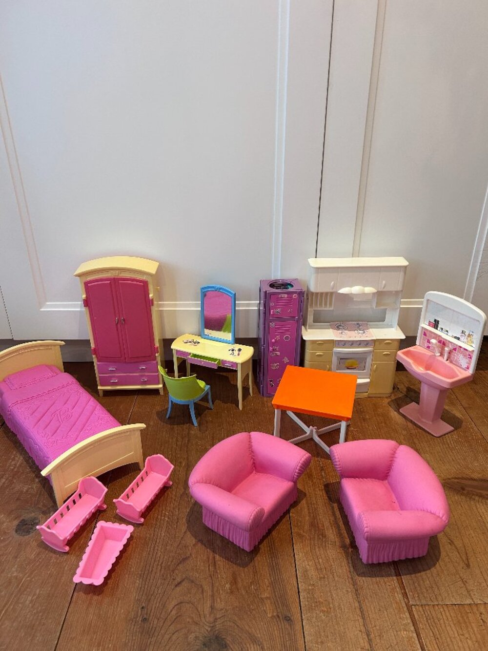 Vintage Lot Barbie Furniture, bed,table, kitchen, chair, locker, crib, baby bath